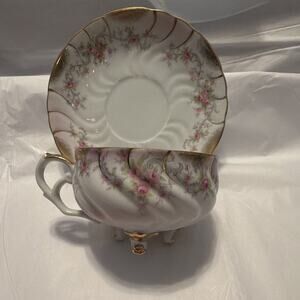 Three-Footed Tea Cup And Saucer In Heirloom Rose Pattern By Lefton China (1076R)